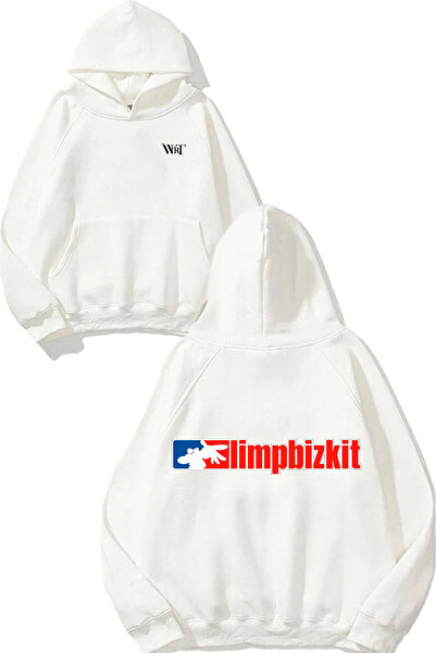 THEWERT سويت شيرت أبيض بقلنسوة مطبوع عليه تصميم Limp Bizkit 6 على الظهر