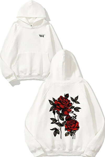 THEWERT Φούτερ με λευκή κουκούλα με στάμπα στο πίσω μέρος με σχέδιο Red Roses