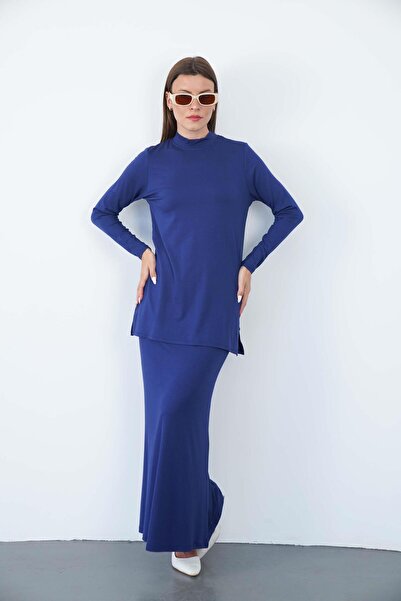 penyebizden Σετ τουνίκ και φούστας με όρθιο γιακά από βισκόζη - Σκούρο μπλε