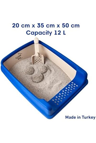 Clear Cat Blanco Large Litter Box with Scoop, Blue, High-Wall Anti-Leak Design, Polypropylene, 50 x 20 x 35 cm