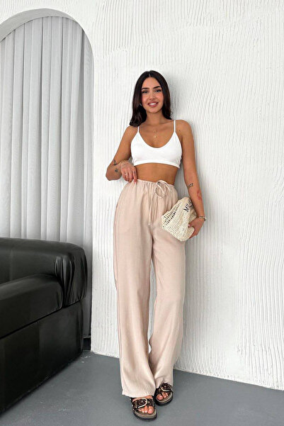 CİDDE Women's Modal Flowy Fabric Wide Leg Summer Trousers Beige