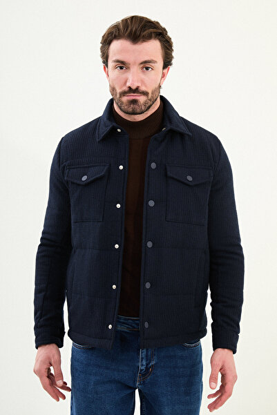 Mcr Striped Slim Fit Shirt Collar Snap Button Men's Coat Navy Blue - 39655.25K