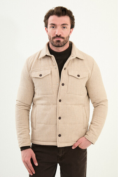 Mcr Striped Slim Fit Shirt Collar Snap Fastener Men's Coat Beige - 39655.25K
