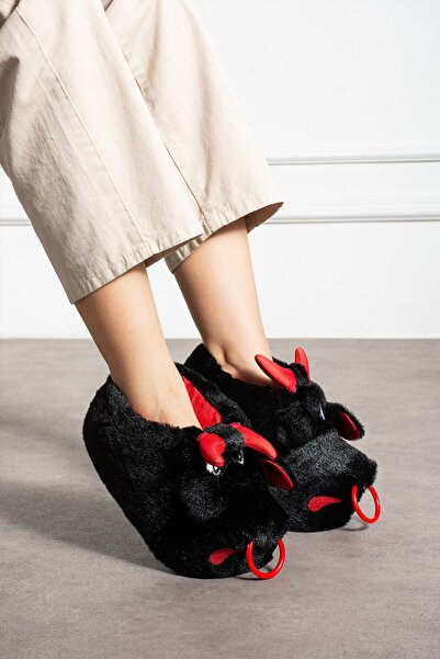 Museburan Unisex Kızgın Boğa Figürlü Sessiz Yumuşak Taban Sıcak Ev Botu Peluş...