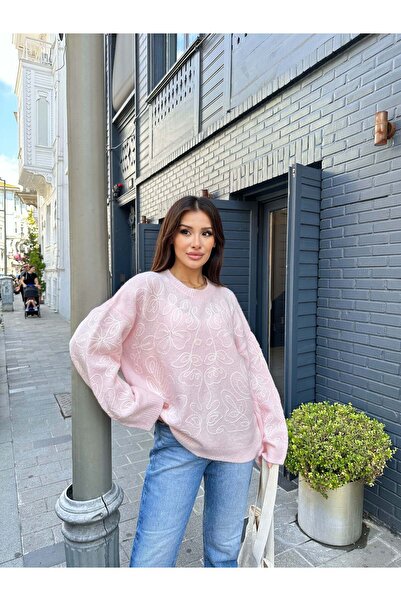 Hatun Atila Embroidered Oversize Soft Textured Ribbed Knitwear Sweater 2626 - Pink