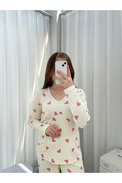 Lena Homewears Pink Heart Patterned Ecru Berlin Pajama Set