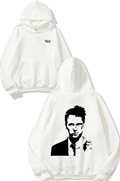 THEWERT Hanorac alb cu glugă cu imprimeu pe spate Fight Club 3 Design