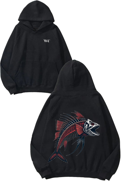 THEWERT Hanorac negru cu glugă cu imprimeu pe spate cu design schelet de pește