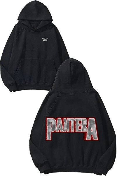 THEWERT Hanorac negru cu glugă cu imprimeu Pantera Rock 4 Design
