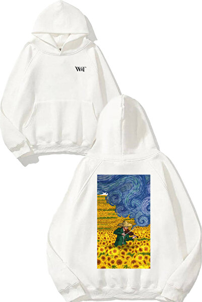 THEWERT Hanorac alb cu glugă cu imprimeu pe spate Van Gogh 3 Design