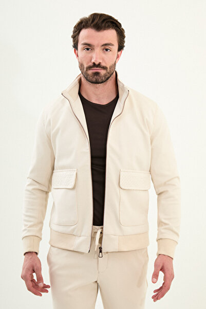 Mcr Straight Slim Fit Zippered Bag Pocket Judge Collar Trousers Coat Ecru - 17164.25K