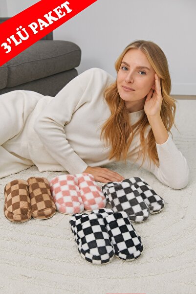 Moda Frato Pack of 3 Checkered Indoor Women's Slippers Home Slippers