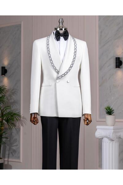 TerziAdemAltun İtalyan stil slim fit şal yaka taşlı ceket pantolon damatlık s...