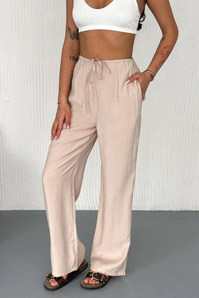 CİDDE Women's Modal Flowy Fabric Wide Leg Summer Trousers Beige