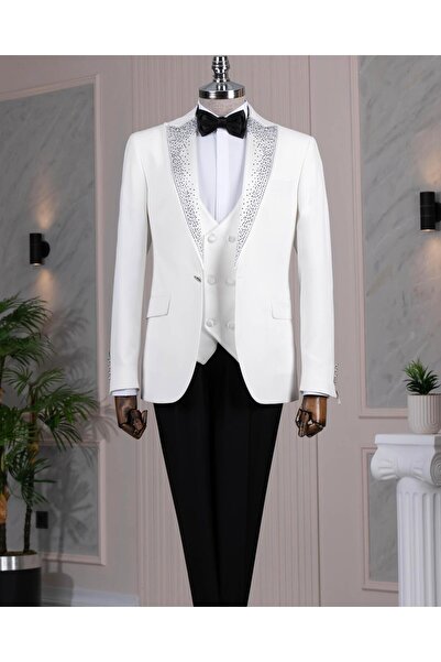 TerziAdemAltun İtalyan stil slim fit taşlı ceket yelek pantolon damatlık set beyaz T14531