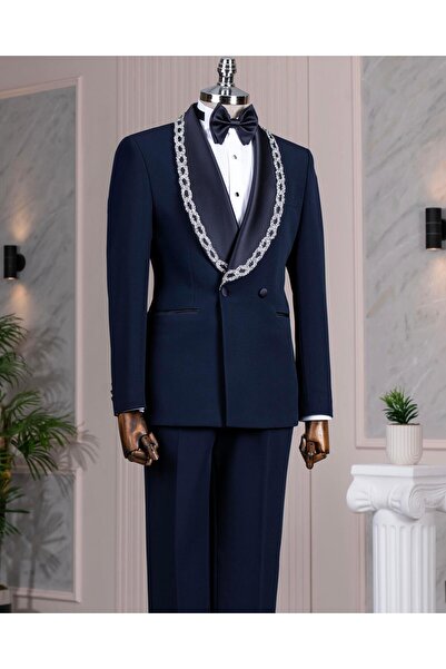 TerziAdemAltun İtalyan stil slim fit şal yaka taşlı ceket pantolon damatlık s...