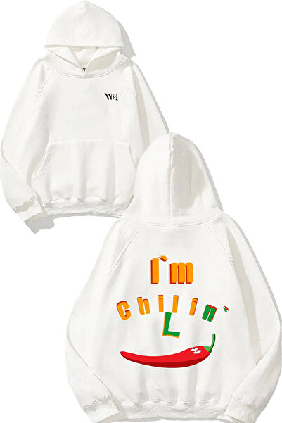 THEWERT Hanorac alb cu glugă cu imprimeu în spate cu design Chili 4