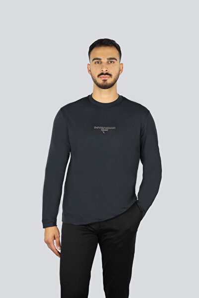 Emporio Armani Men's Regular Fit Round Neck Eagle Logo Cotton Long Sleeve Nav...