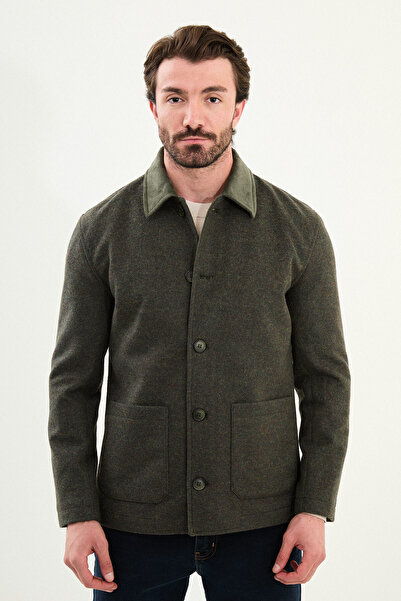 Mcr Kırçıllı Slim Fit Kadife Yaka Torba Cepli Erkek Trenchcoat Haki - 21326.25K