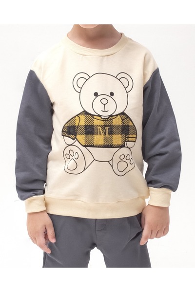 ADDA Cotton Teddy Bear Printed Long Sleeve Tracksuit with Plaid Detail, 2-Piece Boy's Suit