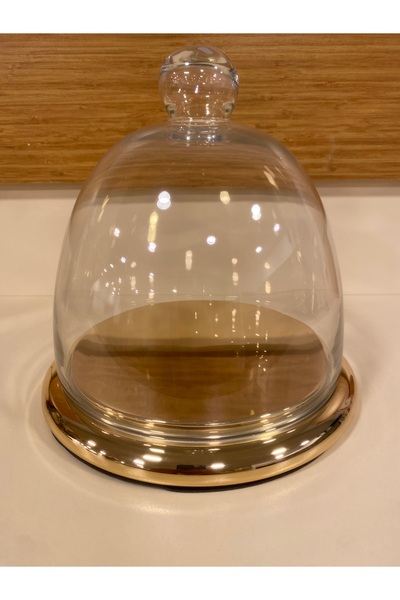 PLUS HOME Paste and Cake Blowing Glass Cover Bell Jar and Brass Gold Stand Diameter 21 cm