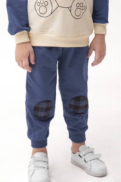 ADDA Cotton Teddy Bear Printed Long Sleeve Tracksuit with Plaid Detail, 2-Piece Boy's Suit