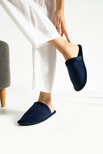 MODA BULVARI Navy Blue Men's Slippers Velvet Corduroy Pattern Groom Bundle Guest Carpet Office Slippers