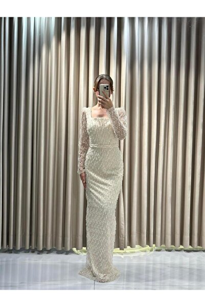 Kaleiçi Yıldızlar Krem Yeni Sezon Taş İşlemeli Abiye 8528