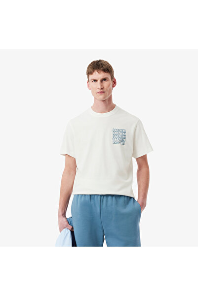 Lacoste Erkek Classic Fit Bisiklet Yaka Baskılı Krem T-Shirt