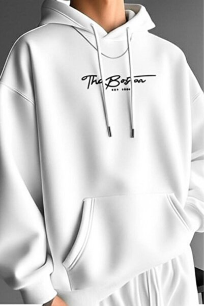 NO 601 Ανδρικό χειμερινό φούτερ με στάμπα The Bstn σε λευκό χρώμα