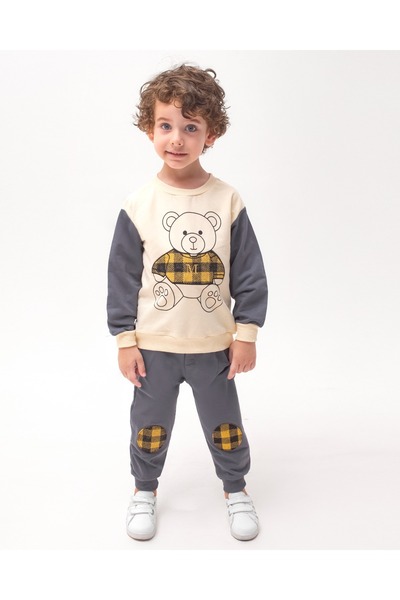 ADDA Cotton Teddy Bear Printed Long Sleeve Tracksuit with Plaid Detail, 2-Piece Boy's Suit