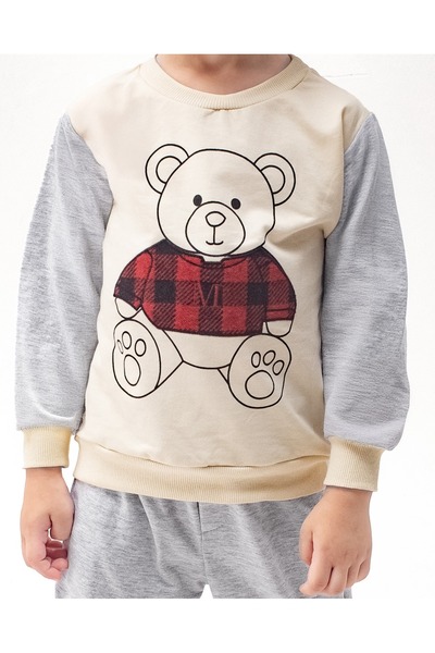 ADDA Cotton Teddy Bear Printed Long Sleeve Tracksuit with Plaid Detail, 2-Piece Boy's Suit