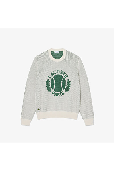Lacoste Erkek Classic Fit Bisiklet Yaka Desenli Krem Kazak