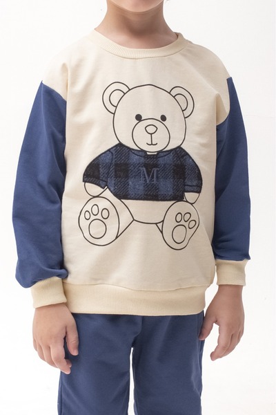 ADDA Cotton Teddy Bear Printed Long Sleeve Tracksuit with Plaid Detail, 2-Piece Boy's Suit