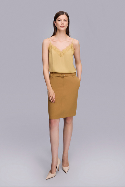 Naramaxx Beli Kemerli Diz Boy Yeşil Etek