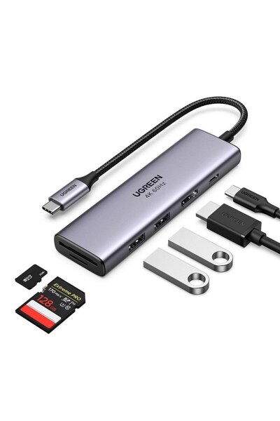 Danex Connector Hub from USB-C to Type-C, 2x USB, HDMI, TF, SD Card, L33, Alumix, Ugreen 60384, L33, Alumi