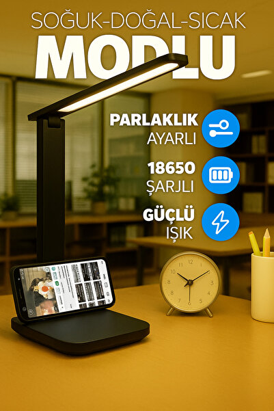 Soft Kare Şarjlı Dokunmatik Masa Lambası 3 Işık Renkli Telefon Standlı Gece v...