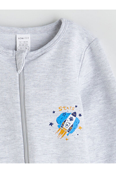 LC Waikiki Gray Crew Neck Printed Baby Boy Romper