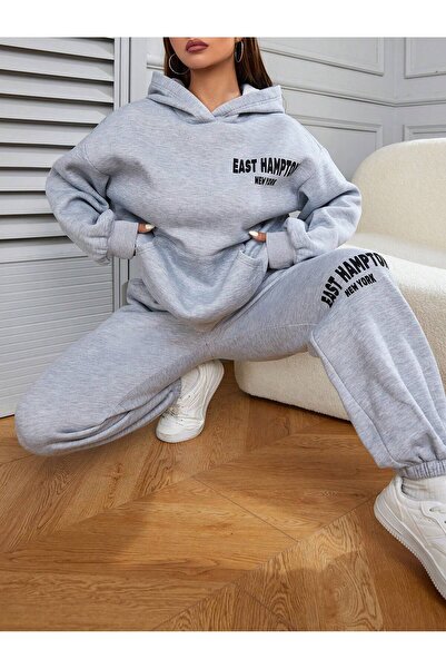 mercoledi East Hampton Baskılı Sweatshirt Alt Üst Eşofman Takımı Oversize Kapüşonlu