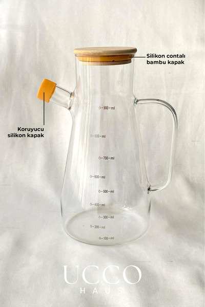 UCCO Borosilicate Glass Oil Pot 900 ml - Measured Healthy Glass Oil Bottle Kitchen Decanter with Bamboo Lid