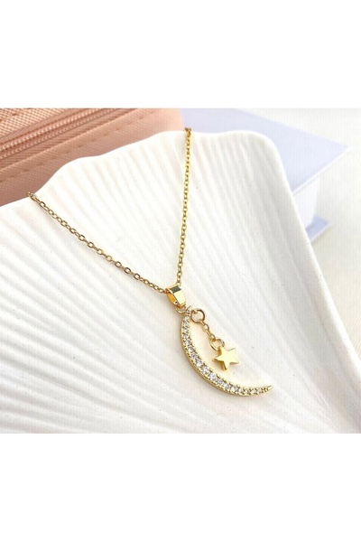 GİS JEWELRY قلادة من الفولاذ على شكل نجمة القمر والحجر الذهبي