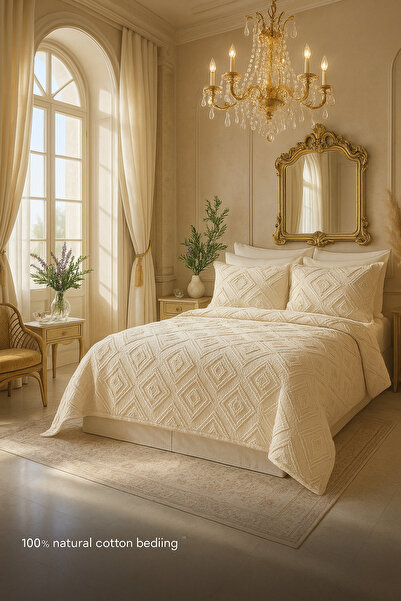 Evimcim Double Premium Pike Set Cream Patterned 240X260 + 2 Pillowcases