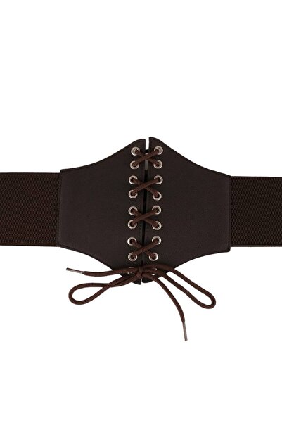 Nadom Kadın İp Metal Lastik Detaylı Suni Deri Kahverengi Gömlek Elbise Korse ...