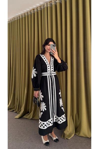 HAZELANNA Nakışlı Çiçekli Kontrast Poplin Elbise