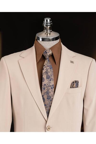TerziAdemAltun Italian Style Slim Fit Mono Collar Men's Single Jacket Beige T14372
