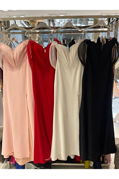 Gardo Tekstil Organze Yaka Çiçekli Krep Elbise Beyaz