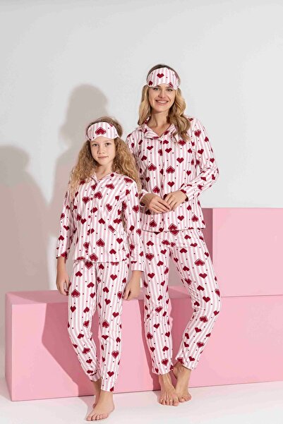 Tarık Women's Pink Heart Patterned Front Buttoned Mother-Daughter Combination Suede Velvet Winter Warm Pajama Set
