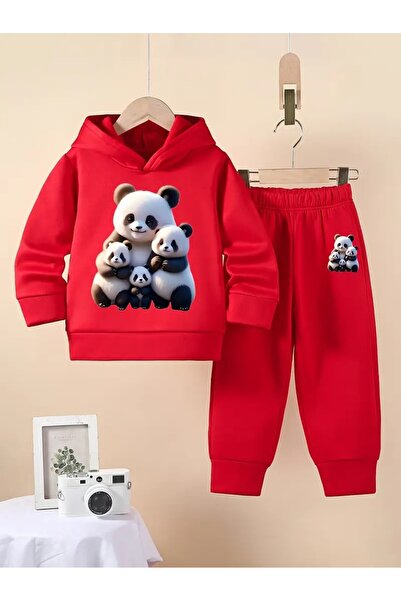oneagılyazı Erkek Çocuklar için Rahat Panda Baskılı Polar Astarlı Kapüşonlu Sweatshirt & Eşofman Takımı