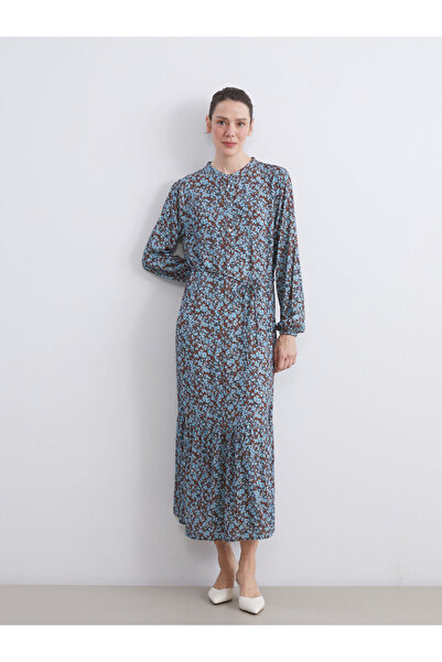 LC Waikiki Μπλε φλοράλ πλισέ φόρεμα με λαιμόκοψη