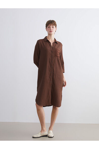 LC Waikiki Brown Textured Crochet Detailed Shirt Dress